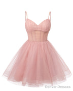 Womens V Neck Tulle Spaghetti Straps Wisteria Homecoming Dresses with Corset Back Short Prom Gowns for Teens
