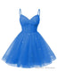 Womens V Neck Tulle Spaghetti Straps Light Royal Blue Homecoming Dresses with Corset Back Short Prom Gowns for Teens