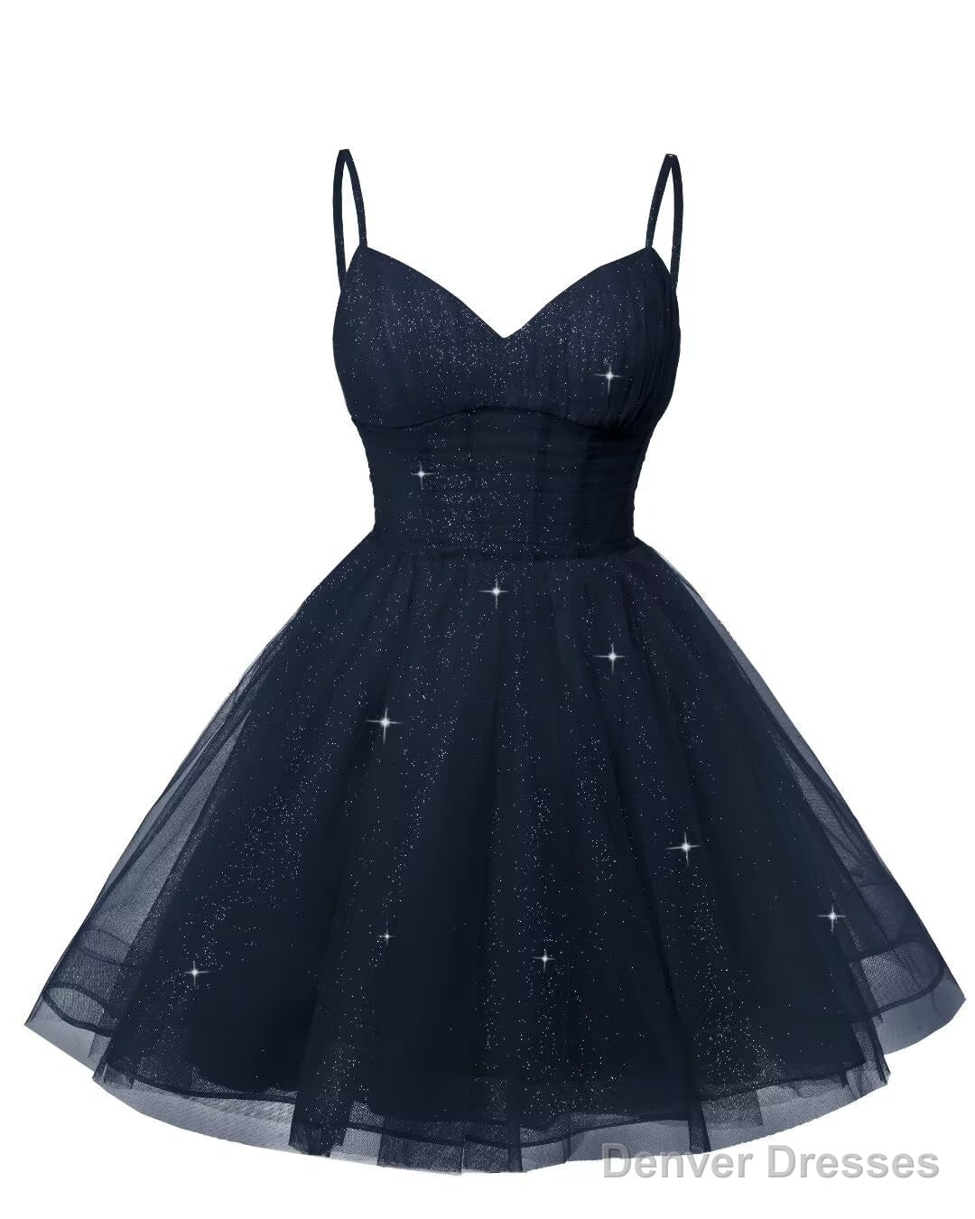 Womens V Neck Tulle Spaghetti Straps Navy Blue Homecoming Dresses with Corset Back Short Prom Gowns for Teens Main image