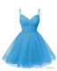 Womens V Neck Tulle Spaghetti Straps Ocean Blue Homecoming Dresses with Corset Back Short Prom Gowns for Teens