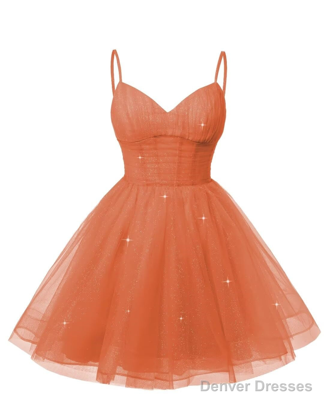 Womens V Neck Tulle Spaghetti Straps Orange Homecoming Dresses with Corset Back Short Prom Gowns for Teens
