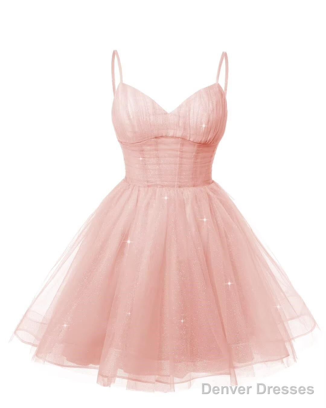 Womens V Neck Tulle Spaghetti Straps Pearl Pink Homecoming Dresses with Corset Back Short Prom Gowns for Teens Main image