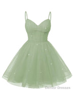Womens V Neck Tulle Spaghetti Straps Sage Green Homecoming Dresses with Corset Back Short Prom Gowns for Teens