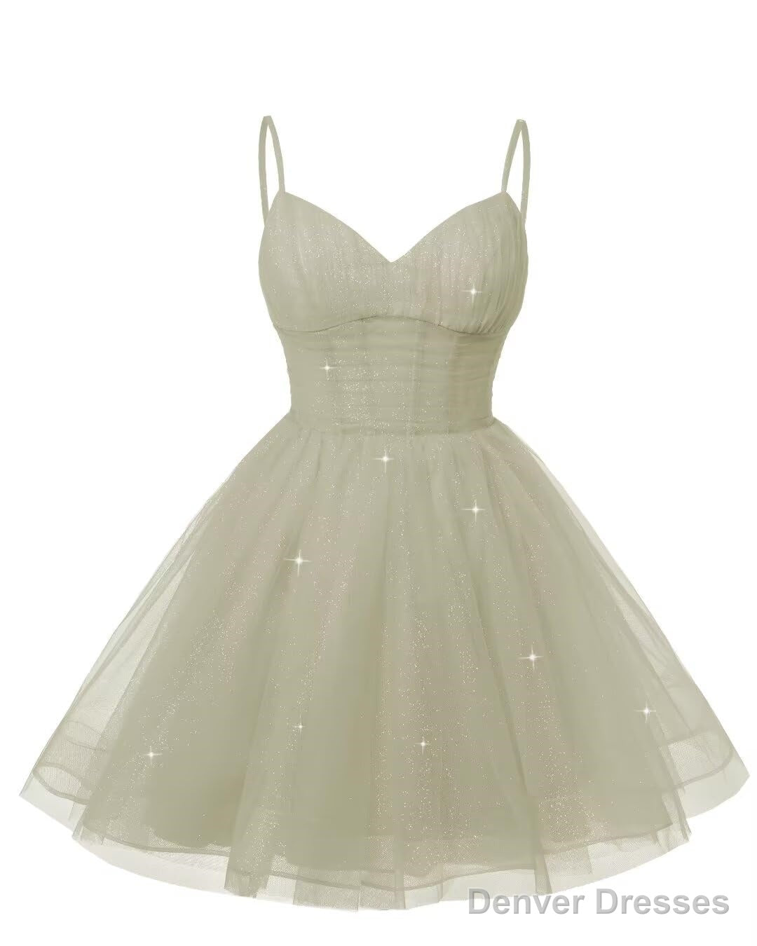 Womens V Neck Tulle Spaghetti Straps Silver Homecoming Dresses with Corset Back Short Prom Gowns for Teens