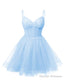 Womens V Neck Tulle Spaghetti Straps Sky Blue Homecoming Dresses with Corset Back Short Prom Gowns for Teens