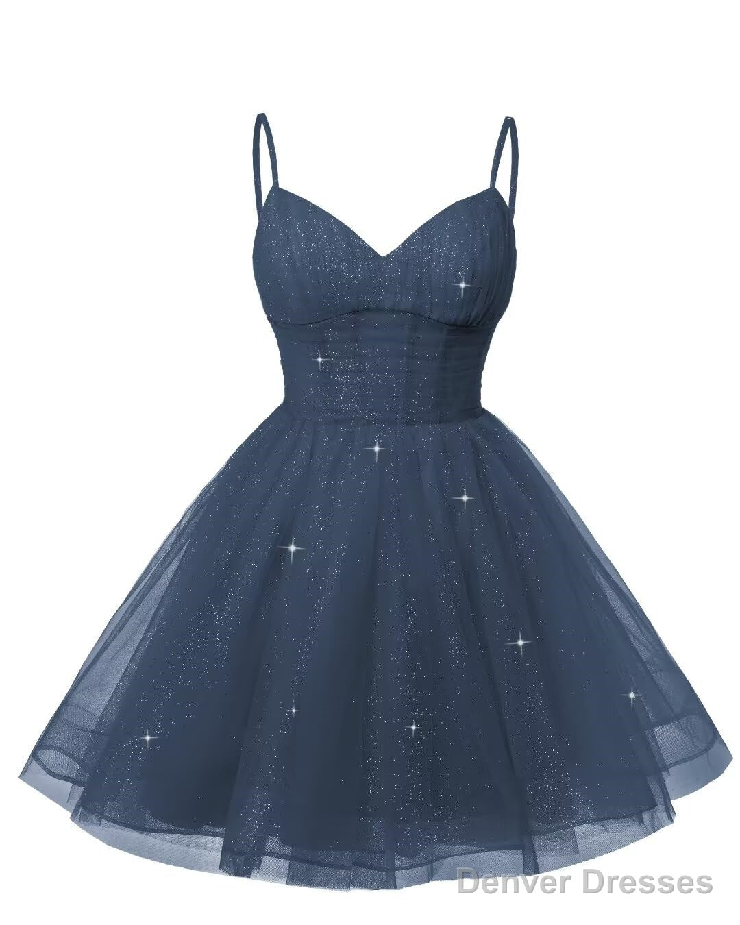 Womens V Neck Tulle Spaghetti Straps Stormy Blue Homecoming Dresses with Corset Back Short Prom Gowns for Teens Secondary image