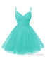 Womens V Neck Tulle Spaghetti Straps Turquoise Homecoming Dresses with Corset Back Short Prom Gowns for Teens
