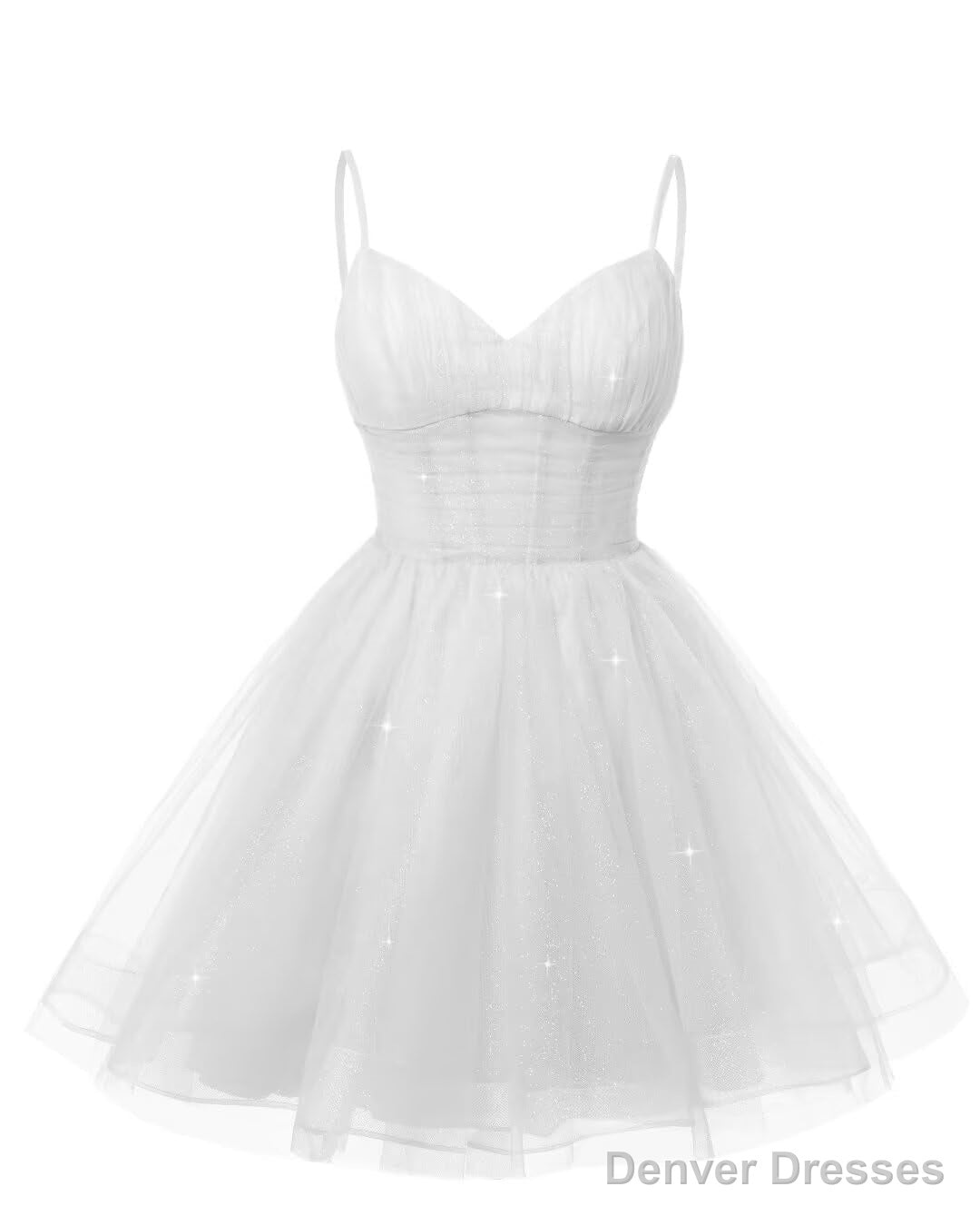 Womens V Neck Tulle Spaghetti Straps White Homecoming Dresses with Corset Back Short Prom Gowns for Teens Main image