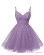 Womens V Neck Tulle Spaghetti Straps Wisteria Homecoming Dresses with Corset Back Short Prom Gowns for Teens