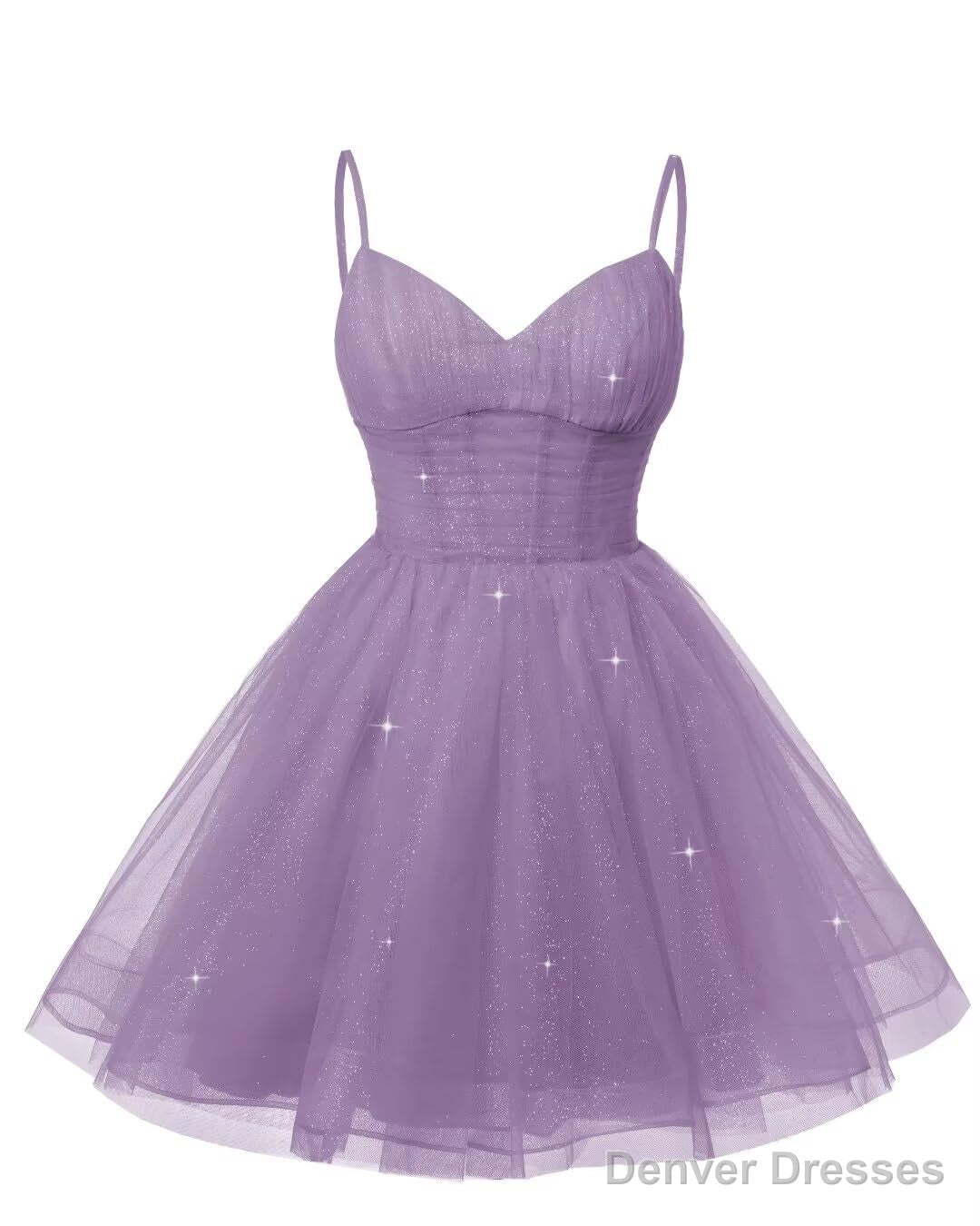 Womens V Neck Tulle Spaghetti Straps Wisteria Homecoming Dresses with Corset Back Short Prom Gowns for Teens