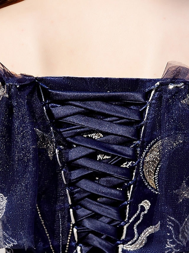 A-Line Prom Dresses Elegant Dress Wedding Guest Party Wear Floor Length Short Sleeve Off Shoulder Tulle with Embroidery Tiered