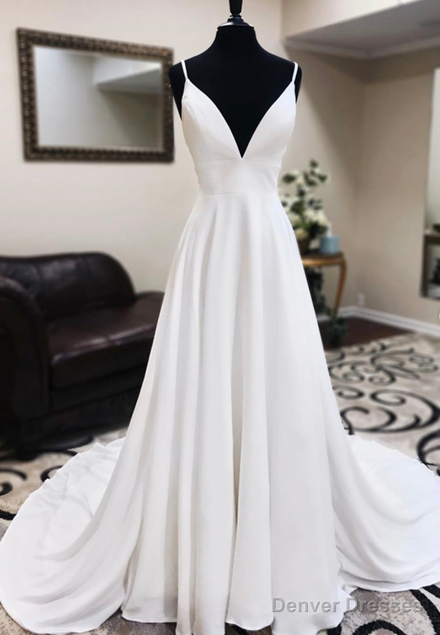 White V-Neck Long Prom Dresses, A-Line Lace Evening Dresses Main image