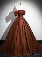 Brown Satin Floor Length Prom Dress , Off the Shoulder A-Line Evening Dress