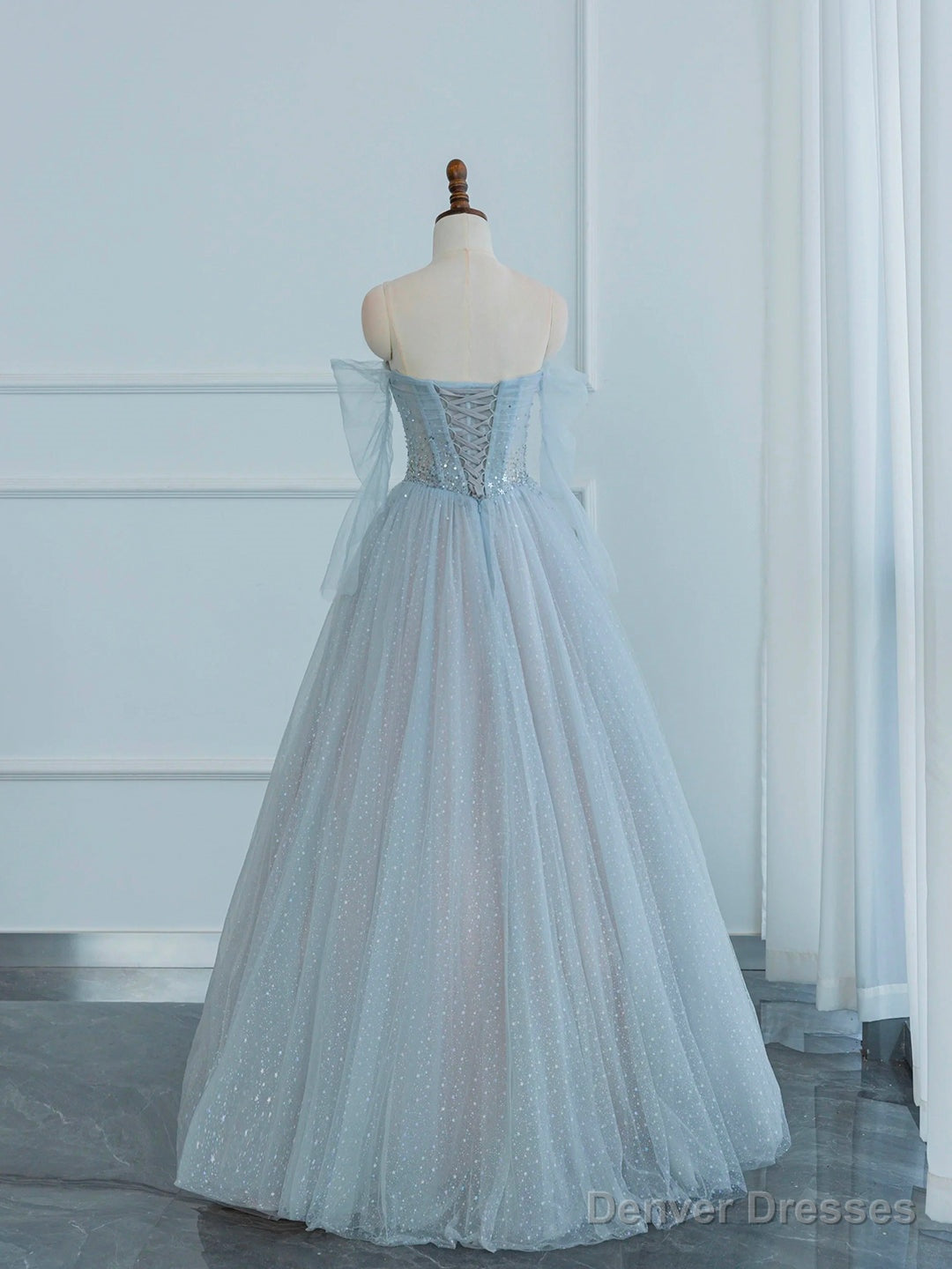 Dusty Blue Tulle Sequins Long Prom Dress, Off the Shoulder Long Sleeve Evening Party Dress Main image