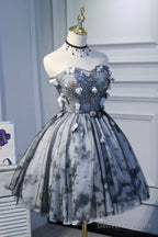 Gray Short Strapless Tulle Prom Dress, Cute A-Line Party Dress