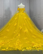 Yellow 3D Flowers Ball Gown Dress With Cape