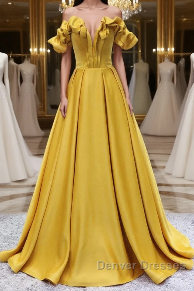 Yellow A-line Satin Long Prom Dress, Yellow Formal Dress
