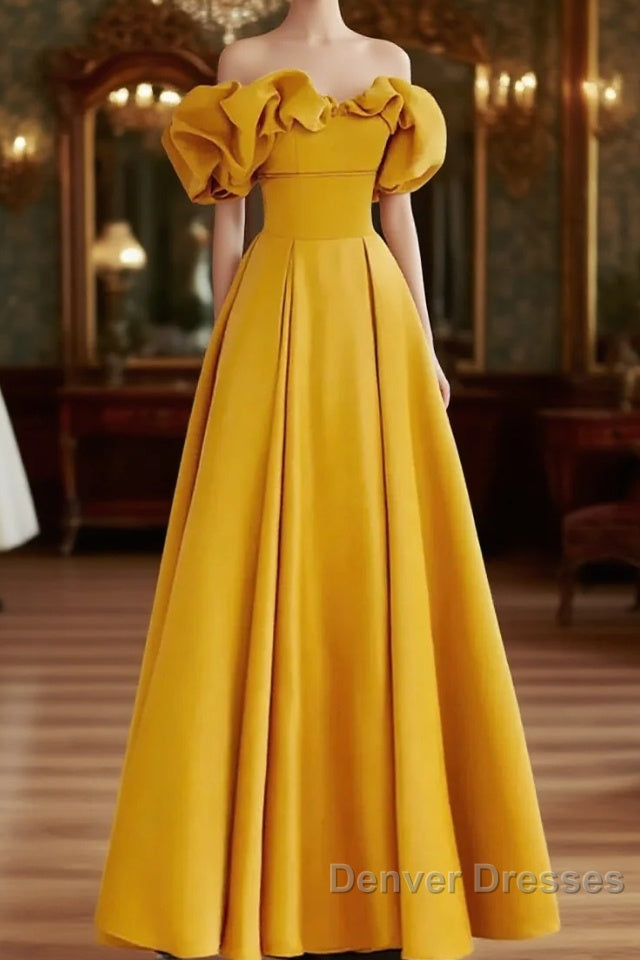Yellow A-Line Satin Off Shoulder Long Party Dress, Yellow Formal Dress Evening Dress Main image