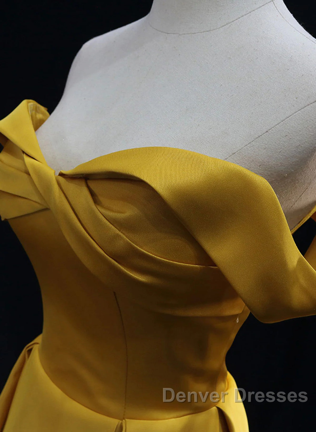 Yellow A-Line Simple Satin Off Shoulder Prom Dress, Yellow Satin Formal Dress Secondary image