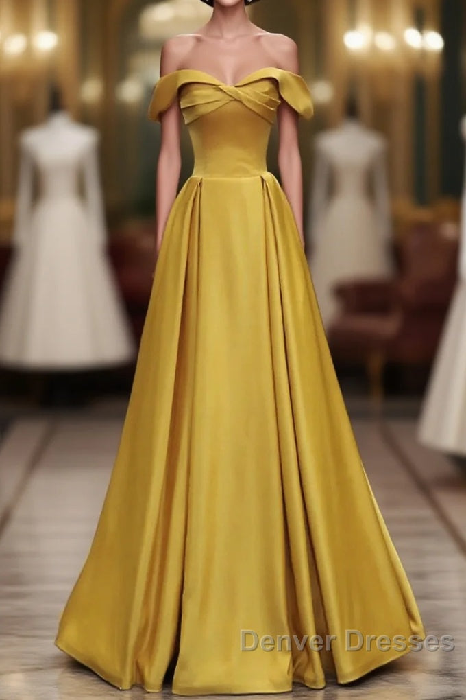 Yellow A-Line Simple Satin Off Shoulder Prom Dress, Yellow Satin Formal Dress Main image