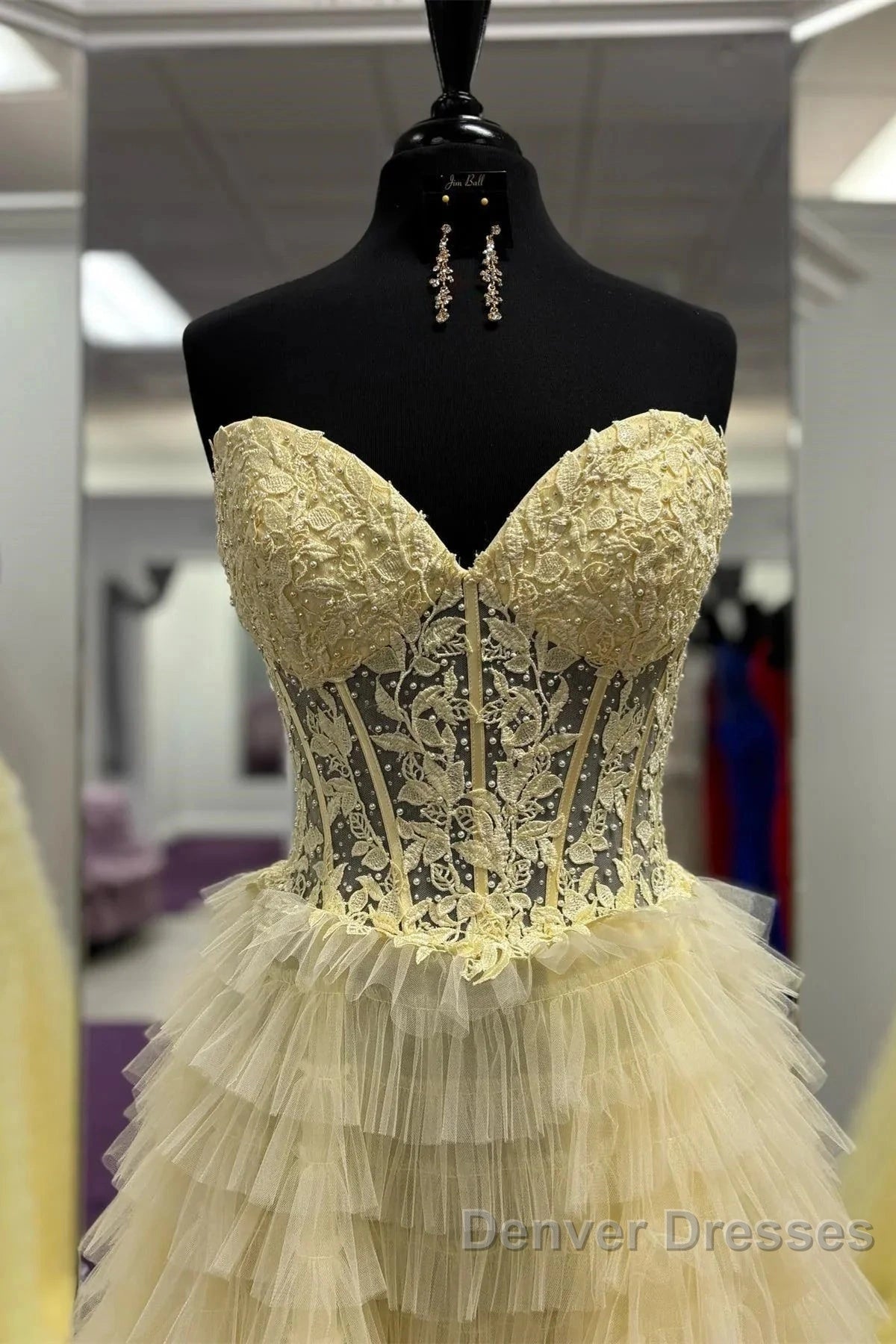 Yellow A-Line Strapless Multi-Layers Sweetheart Tulle Beaded Long Prom Dress With Slit Secondary image