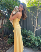 Yellow A-Line Spaghetti Straps Long Party Dress With Slit