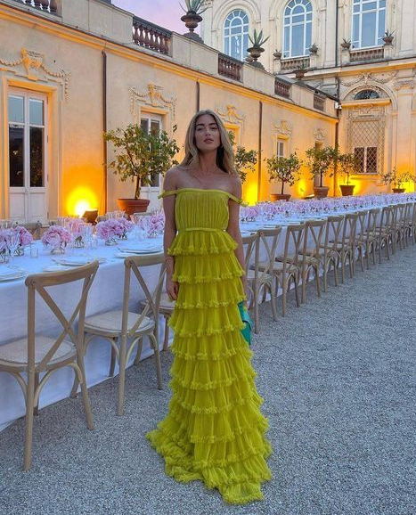 Yellow A-Line Tiered Tulle Off-The-Shoulder Long Prom Party Dress Main image