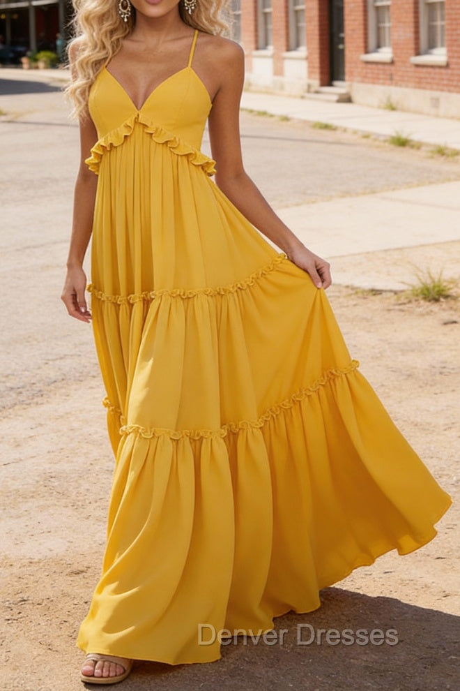 Yellow A-line V Neck Sleeveless Floor-Length Chiffon Prom Dress Long Prom Dresses Backless with Pleated Ruffles