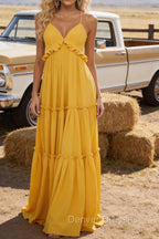 Yellow A-line V Neck Sleeveless Floor-Length Chiffon Prom Dress Long Prom Dresses Backless with Pleated Ruffles