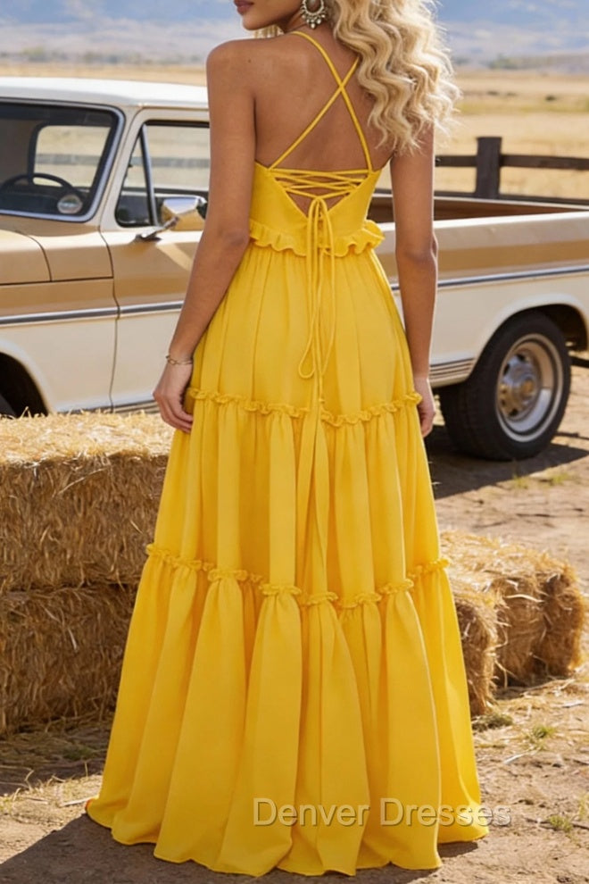 Yellow A-line V Neck Sleeveless Floor-Length Chiffon Prom Dress Long Prom Dresses Backless with Pleated Ruffles