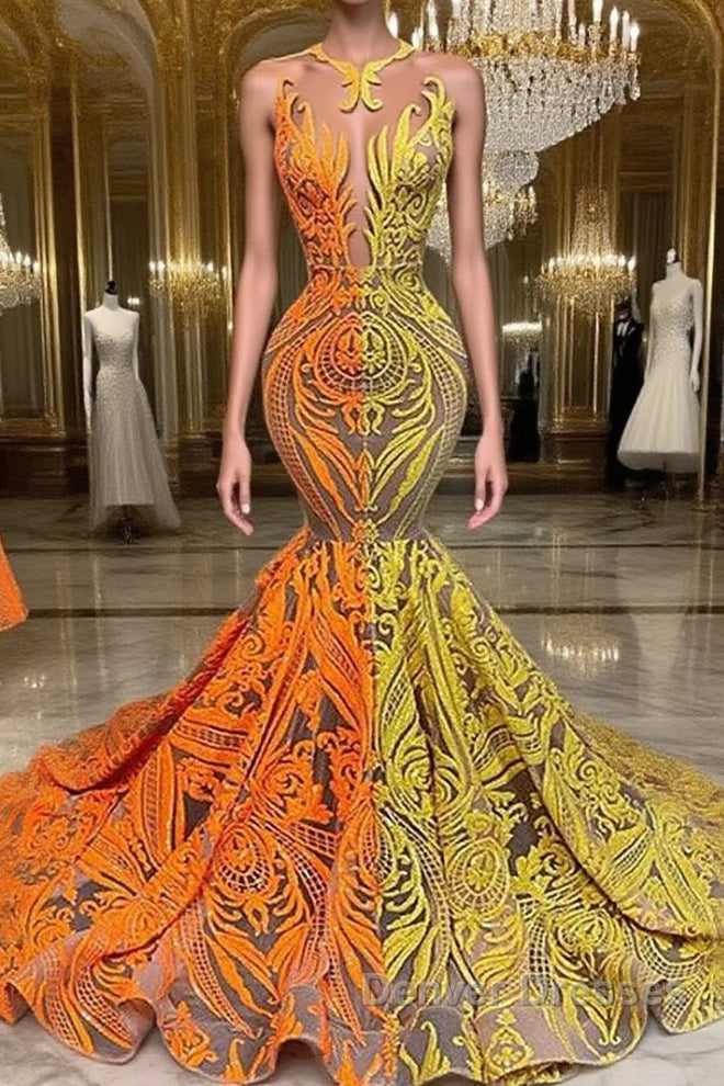 Yellow and Orange Mermaid Prom Dress Lace Long On Sale Main image