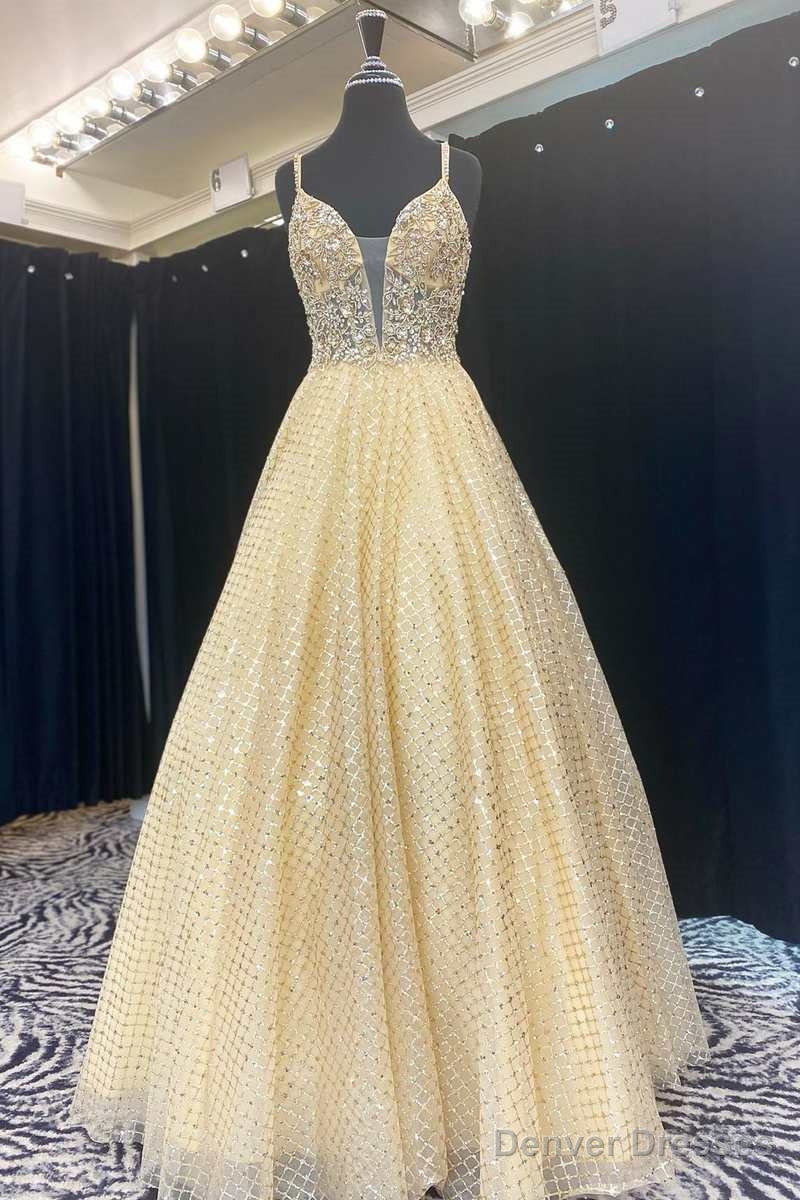 Yellow Beaded Plunge Neck A-Line Prom Gown Main image