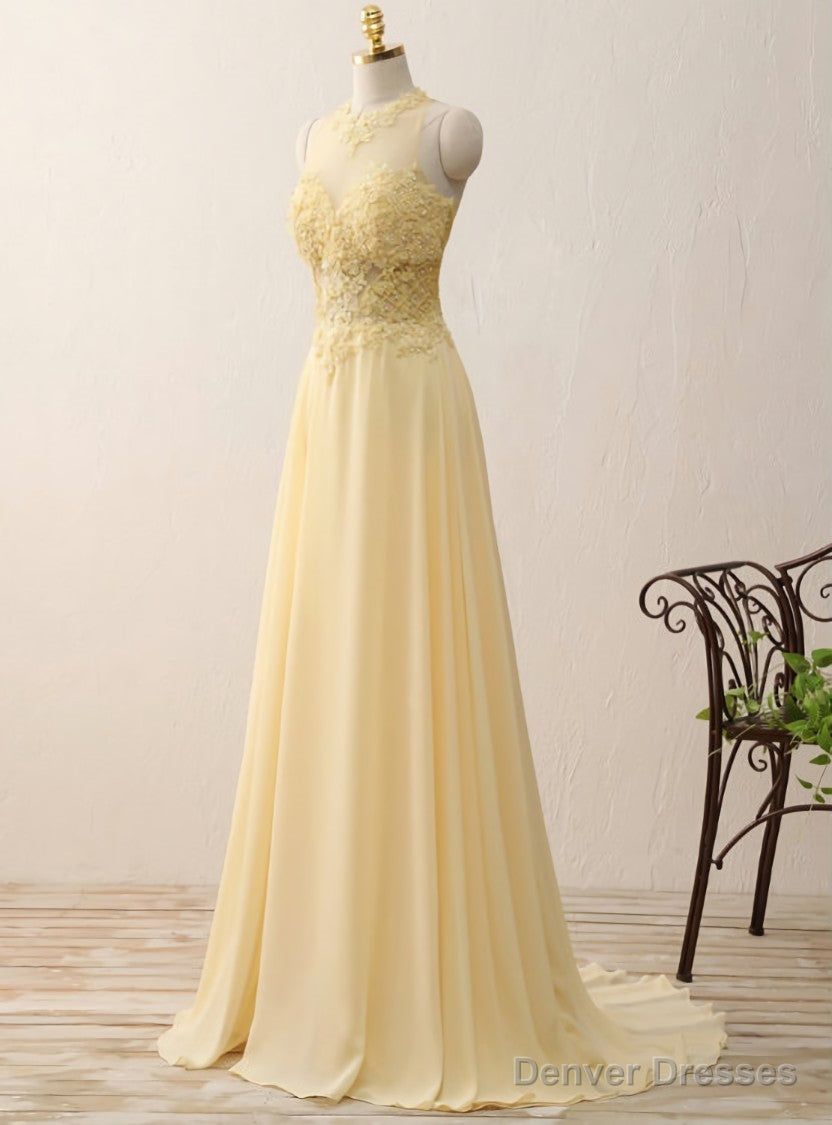 Yellow Chiffon Lace Appliques A Line Long Evening Dresses Zipper-Up Main image