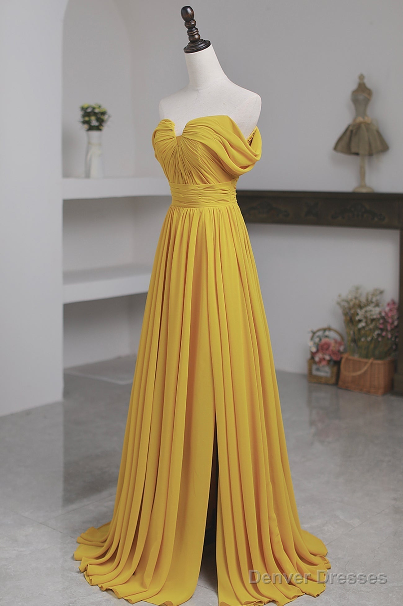 Yellow Chiffon Long A-Line Prom Dress, Simple Yellow Evening Dress with Slit Main image