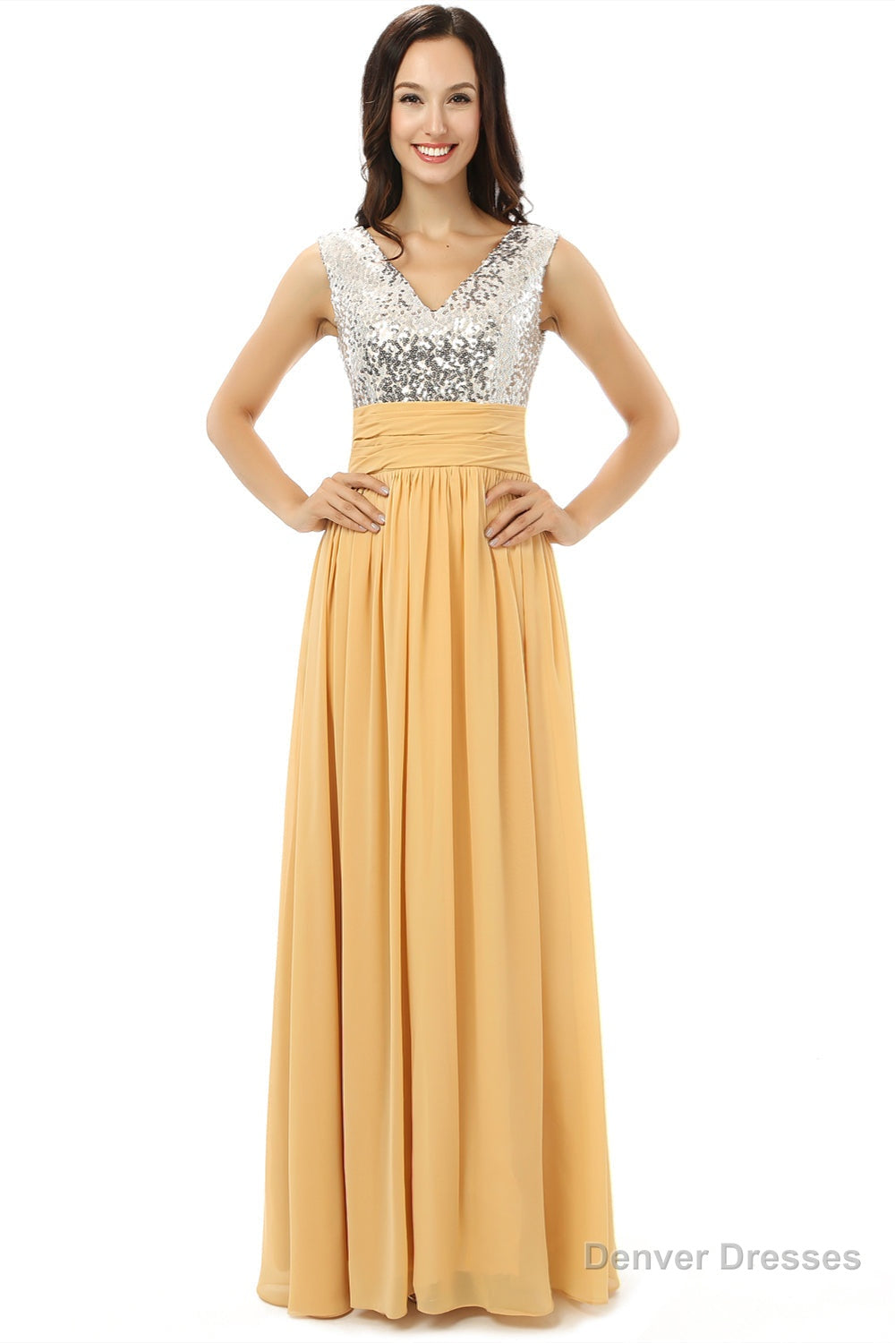 Yellow Chiffon Silver Sequins V-neck Backless Bridesmaid Dresses Main image