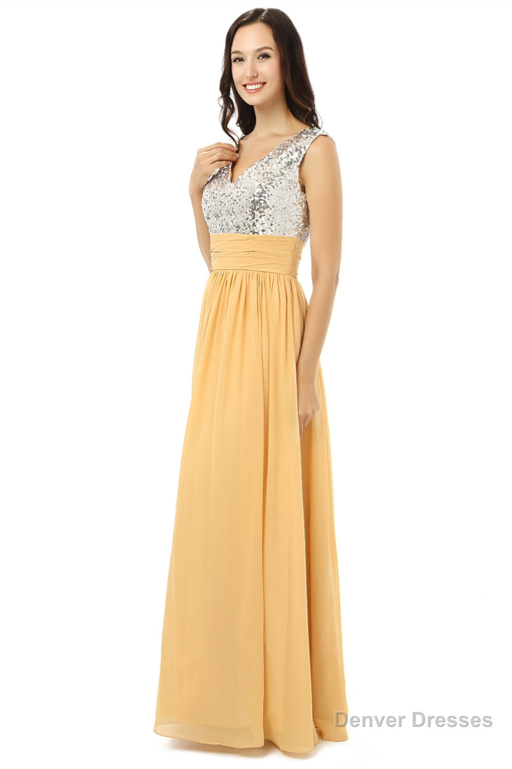 Yellow Chiffon Silver Sequins V-neck Backless Bridesmaid Dresses