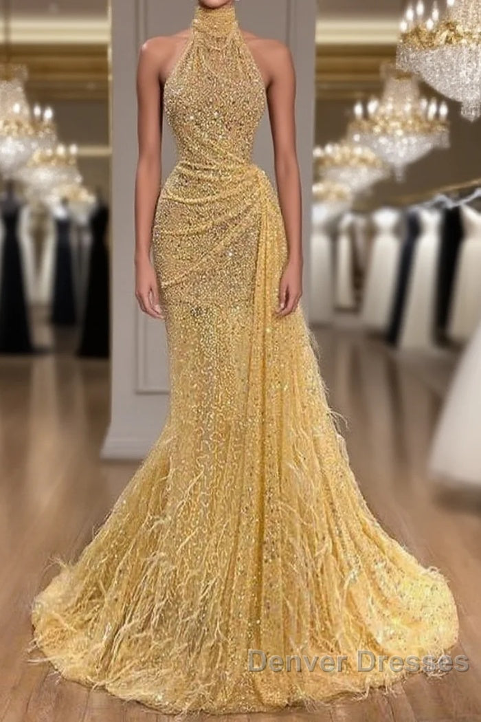Yellow Evening Dress Long High Neck Sparkly Feather Luxury Bling Evening Gown Formal Prom Dress