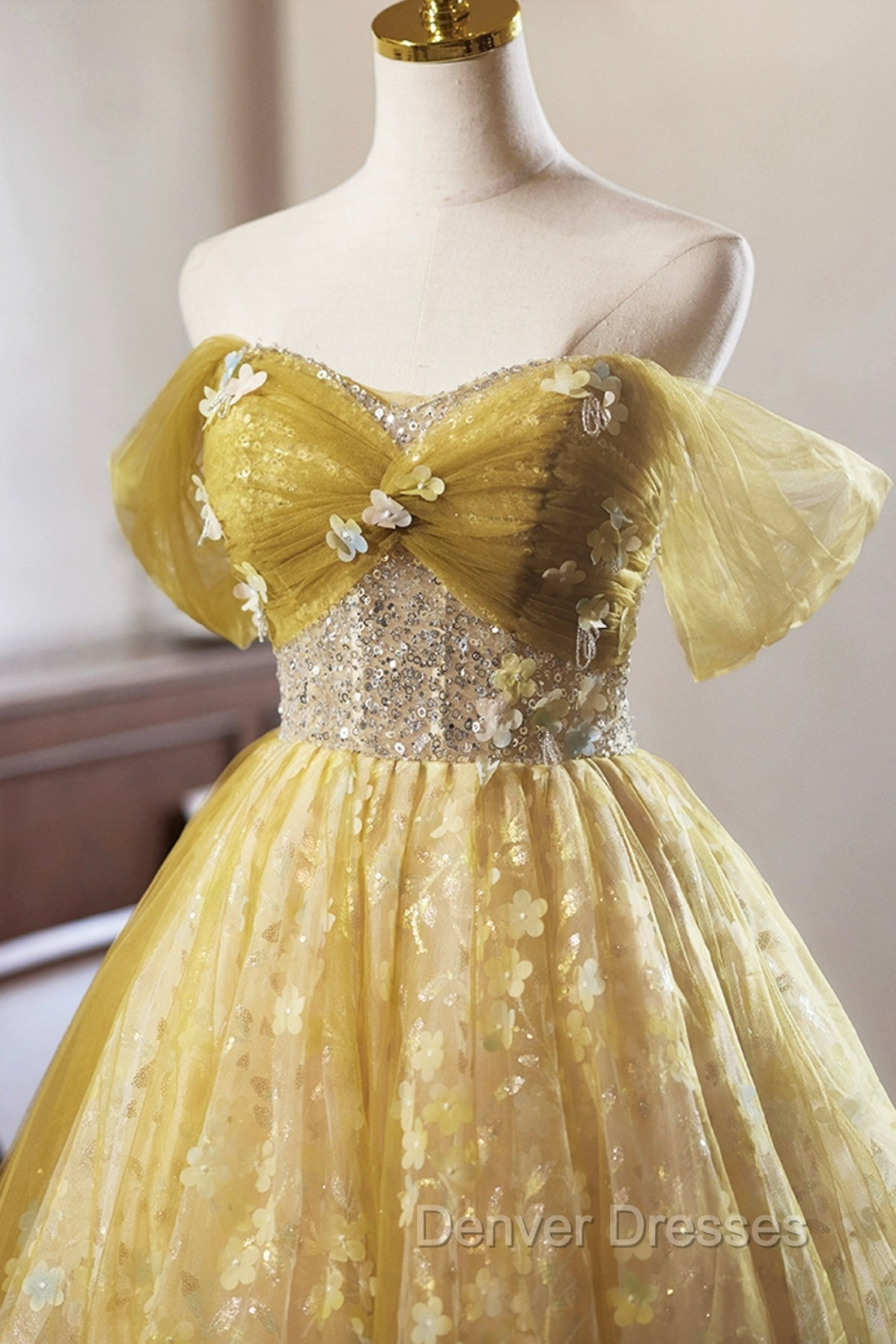 Yellow Floral Tulle Knee Length Prom Dress, Lovely A-Line Evening Party Dress Secondary image