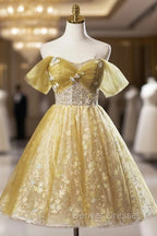 Yellow Floral Tulle Knee Length Prom Dress, Lovely A-Line Evening Party Dress