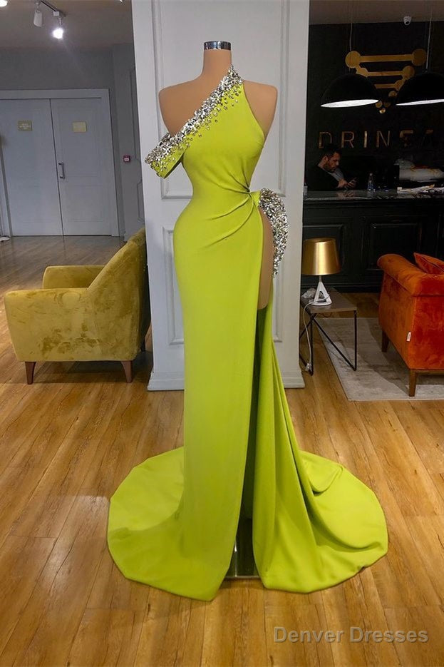 Yellow Green One Shoulder Mermaid Prom Dress Slit Long With Crystals Main image