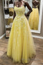 Yellow Lace Backless A Line Long Prom Dress Open Back Formal Dress Yellow Evening Dress