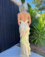 Yellow Fashion Elegant Layered Tulle Long Ball Gown Backless Mermaid Slim Fit Evening Gown Party Dress