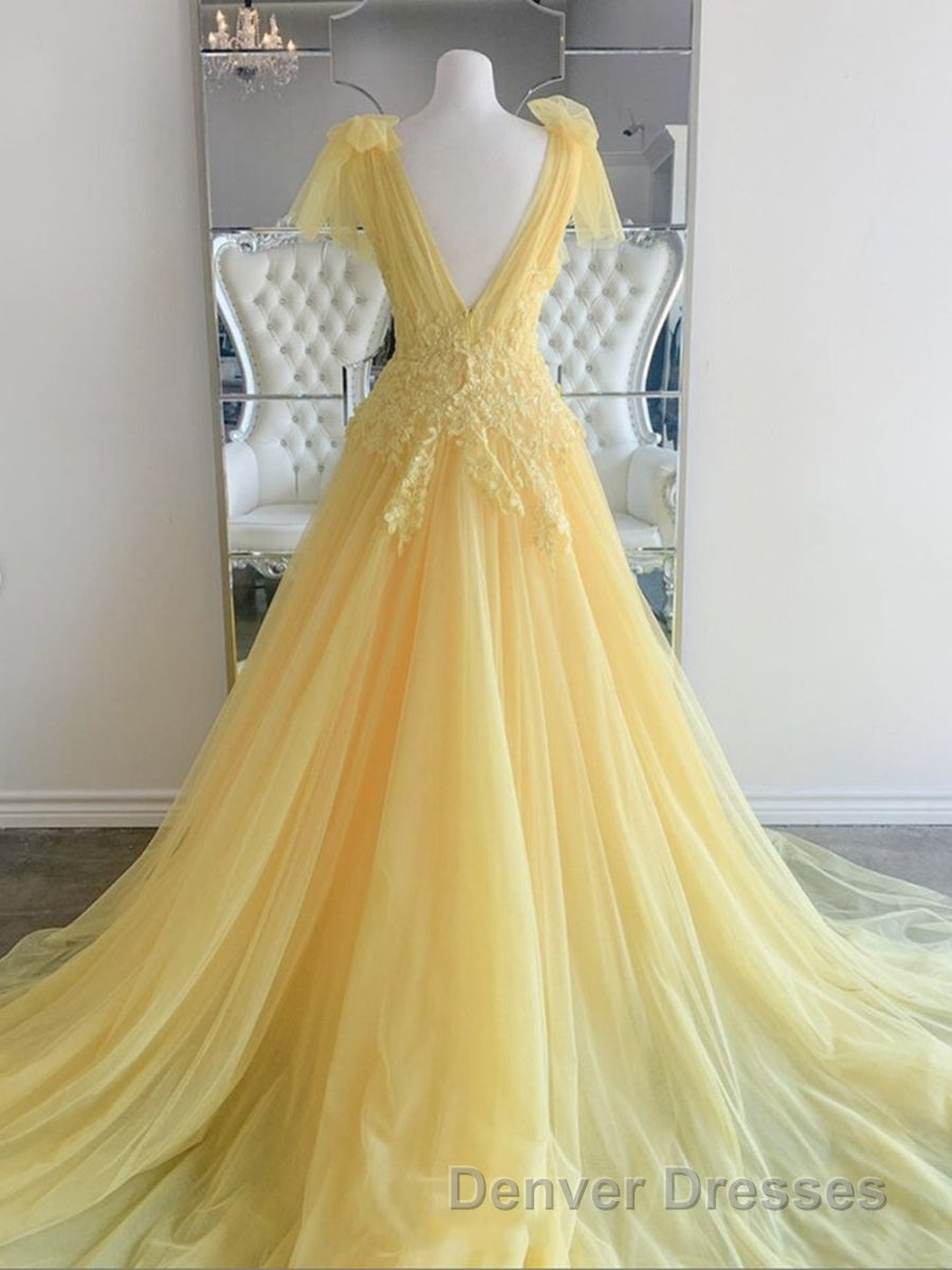 Yellow Long A-line V Neck Lace Tulle Backless Formal Graduation Prom Dress Secondary image