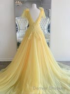 Yellow Long A-line V Neck Lace Tulle Backless Formal Graduation Prom Dress