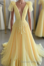 Yellow Long A-line V Neck Lace Tulle Backless Formal Graduation Prom Dress