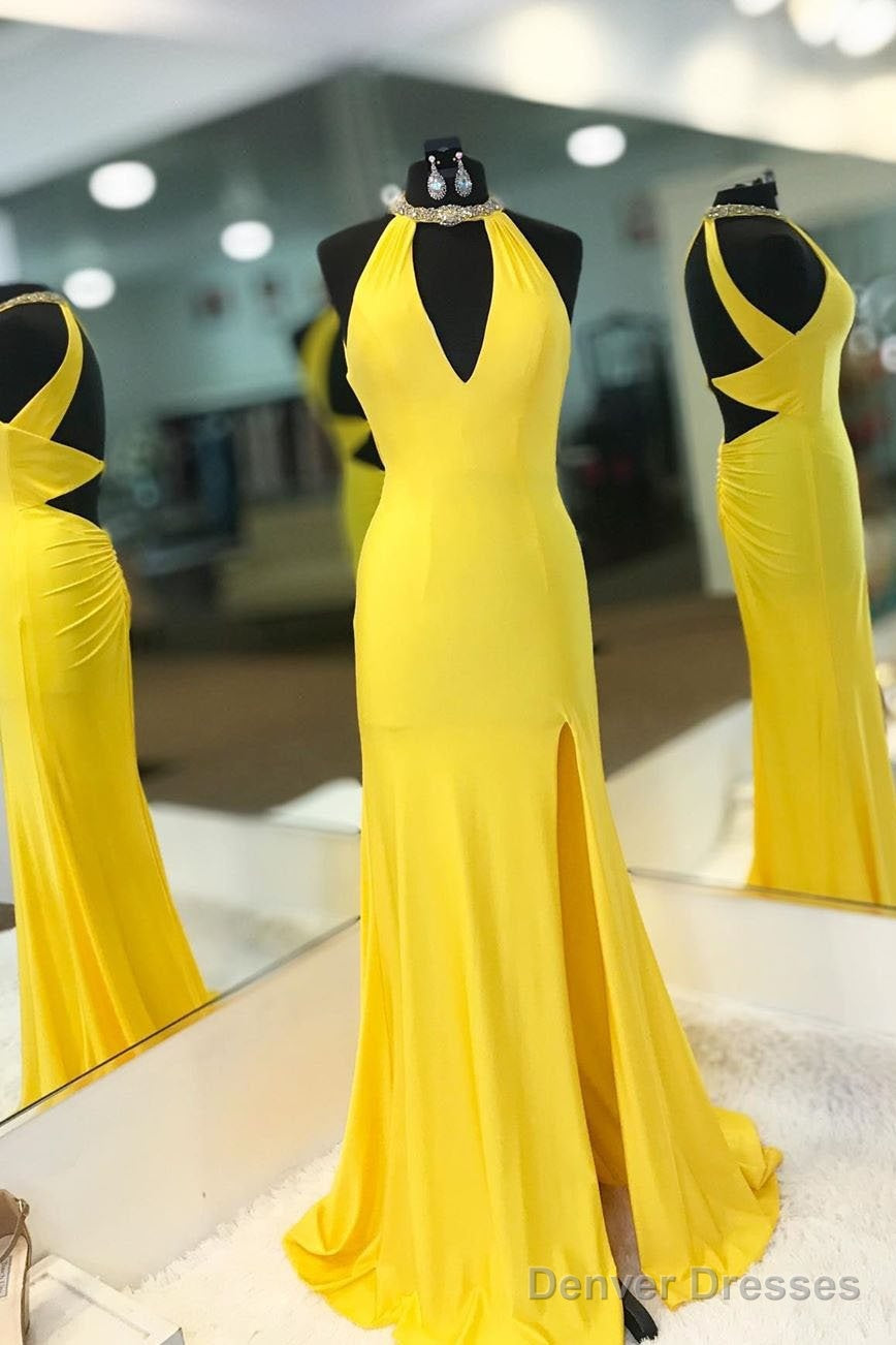Yellow Long Satin Halter Mermaid  Prom Dress With Open Back And Slit Main image