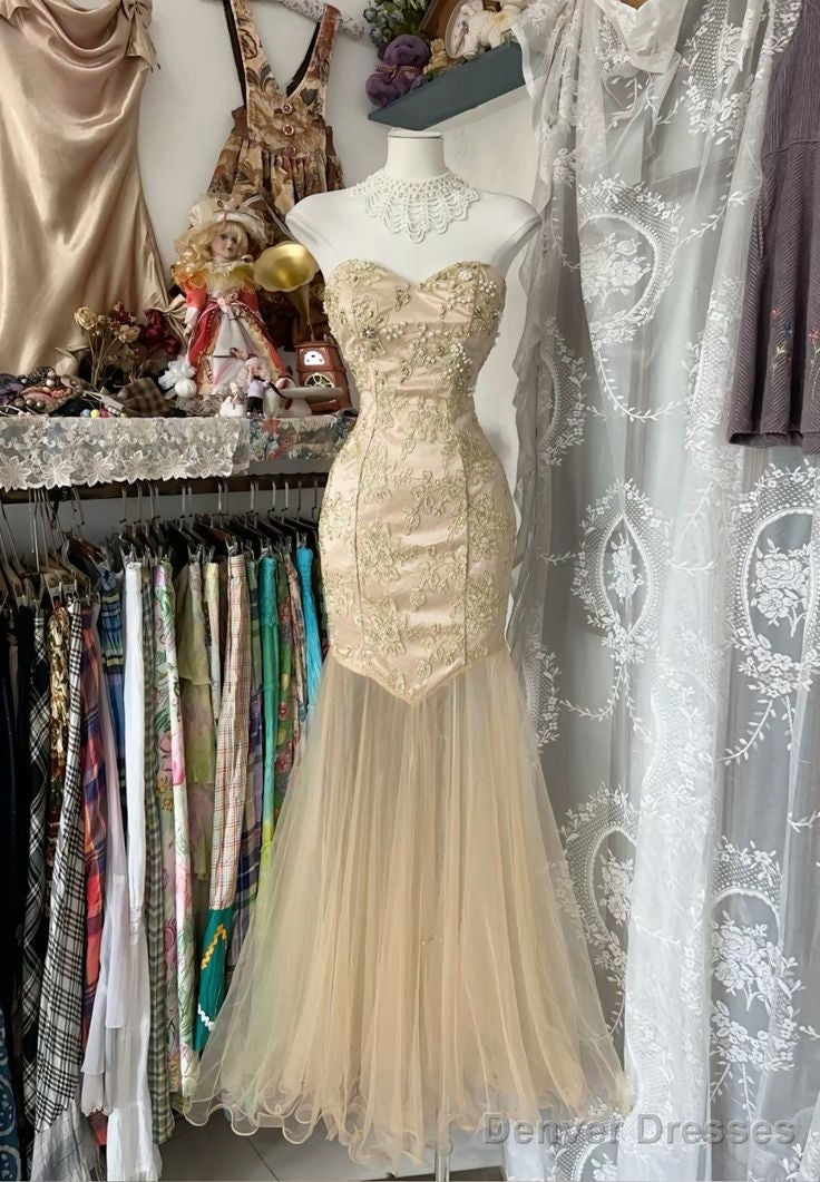 Yellow Mermaid Strapless Sweetheart Tulle Beaded Applique Long Prom Dress Main image