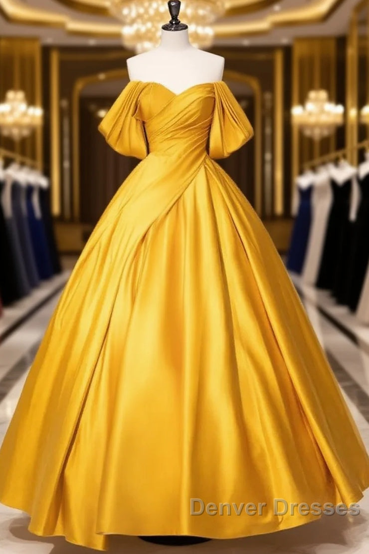 Yellow Off Shoulder Satin Long Prom Dress Quinceanera Dress Main image
