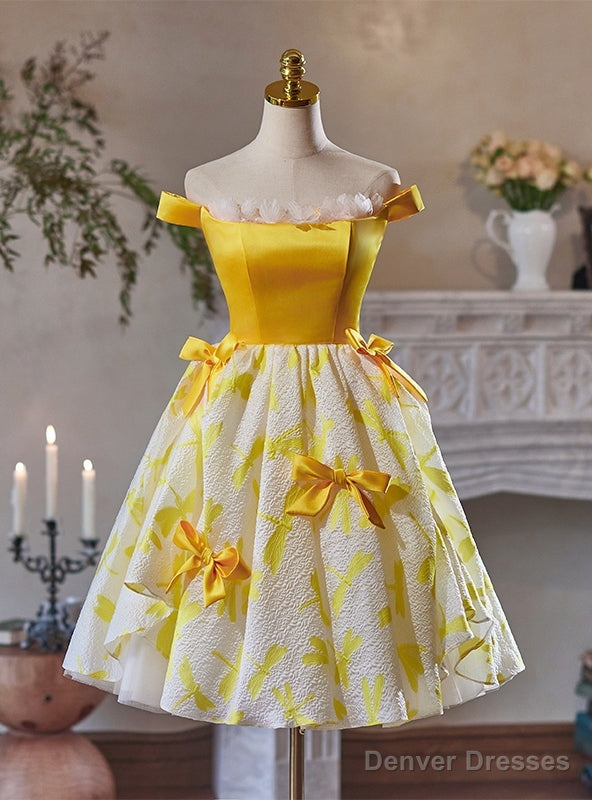 Yellow Off the Shoulder Bow Homecoming Dress Main image