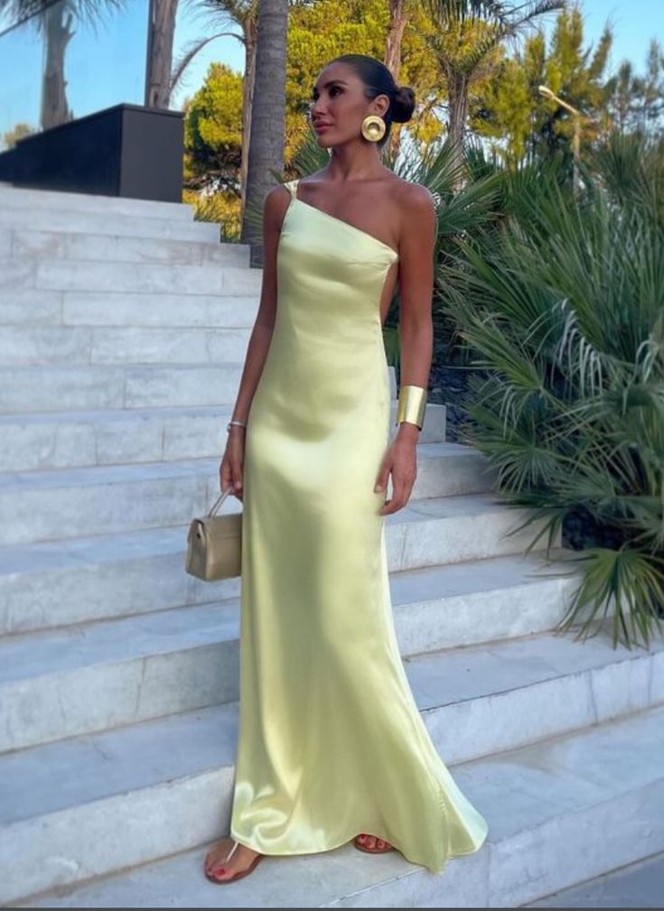 Yellow One Shoulder Prom Dress, Evening Dress, Floor Length Party Gowns